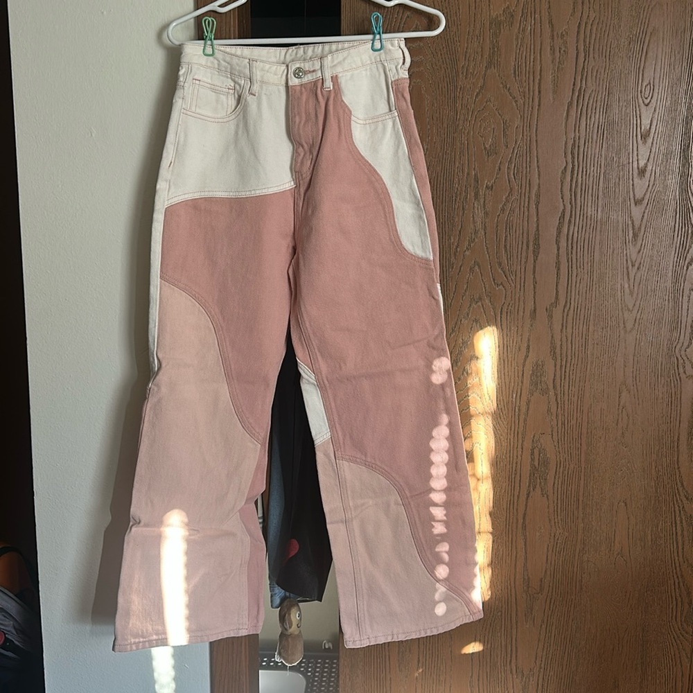 Wide Leg Colorblock Jeans - Pink & Cream
